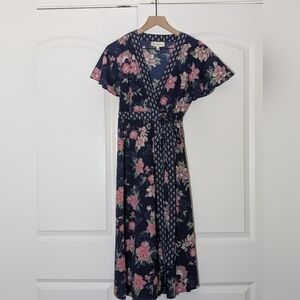 Jessica Simpson Navy and Pink Floral Midi Dress - Maternity S